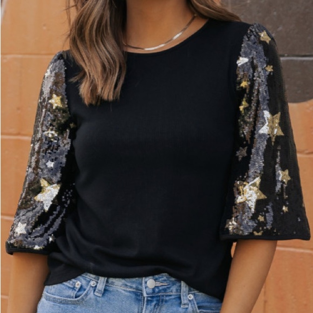 Black and Gold Sequin Star Sleeve Top